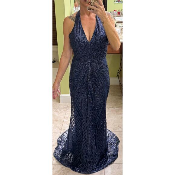 Abby Paris 90011 Formal midnight blue Glitter Gown 8 halter open back NWT $269 - Picture 2 of 14